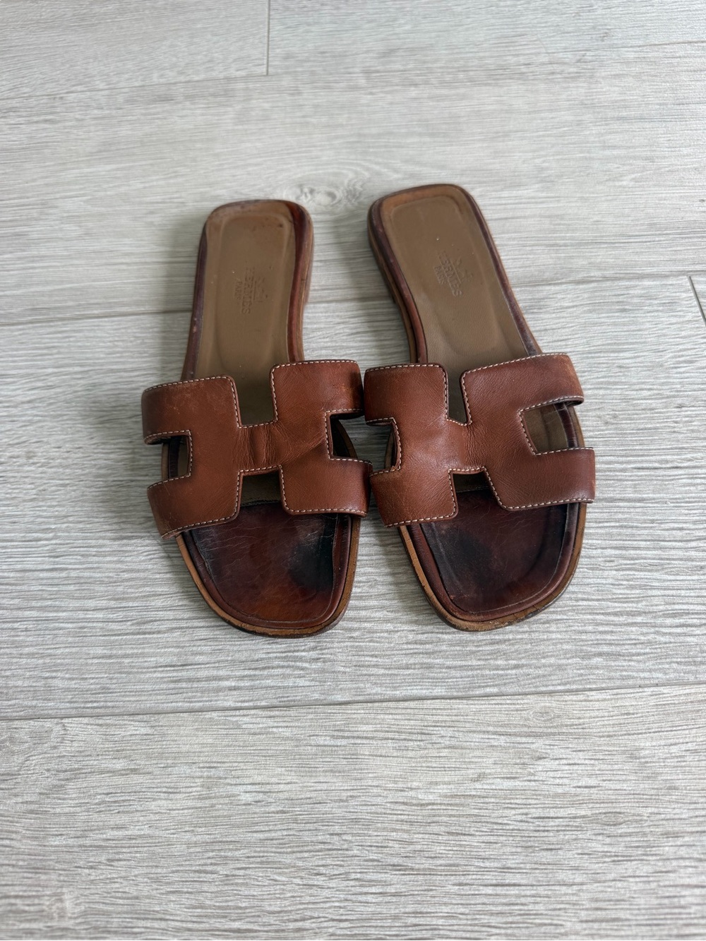 Hermes Brown Leather-Look Slide Sandals